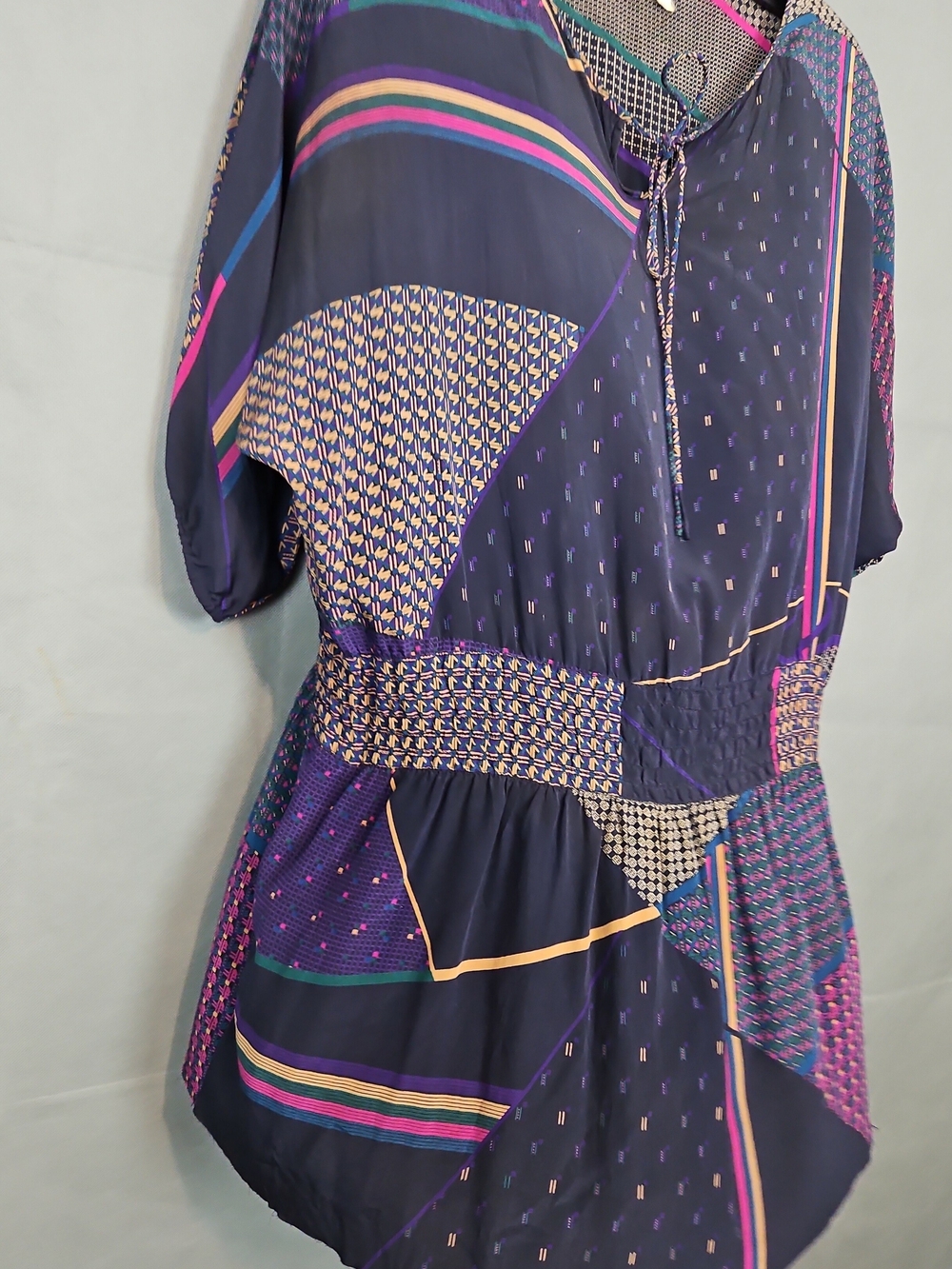 Women's Navy Patchwork Print Short Dress with Purple Accents